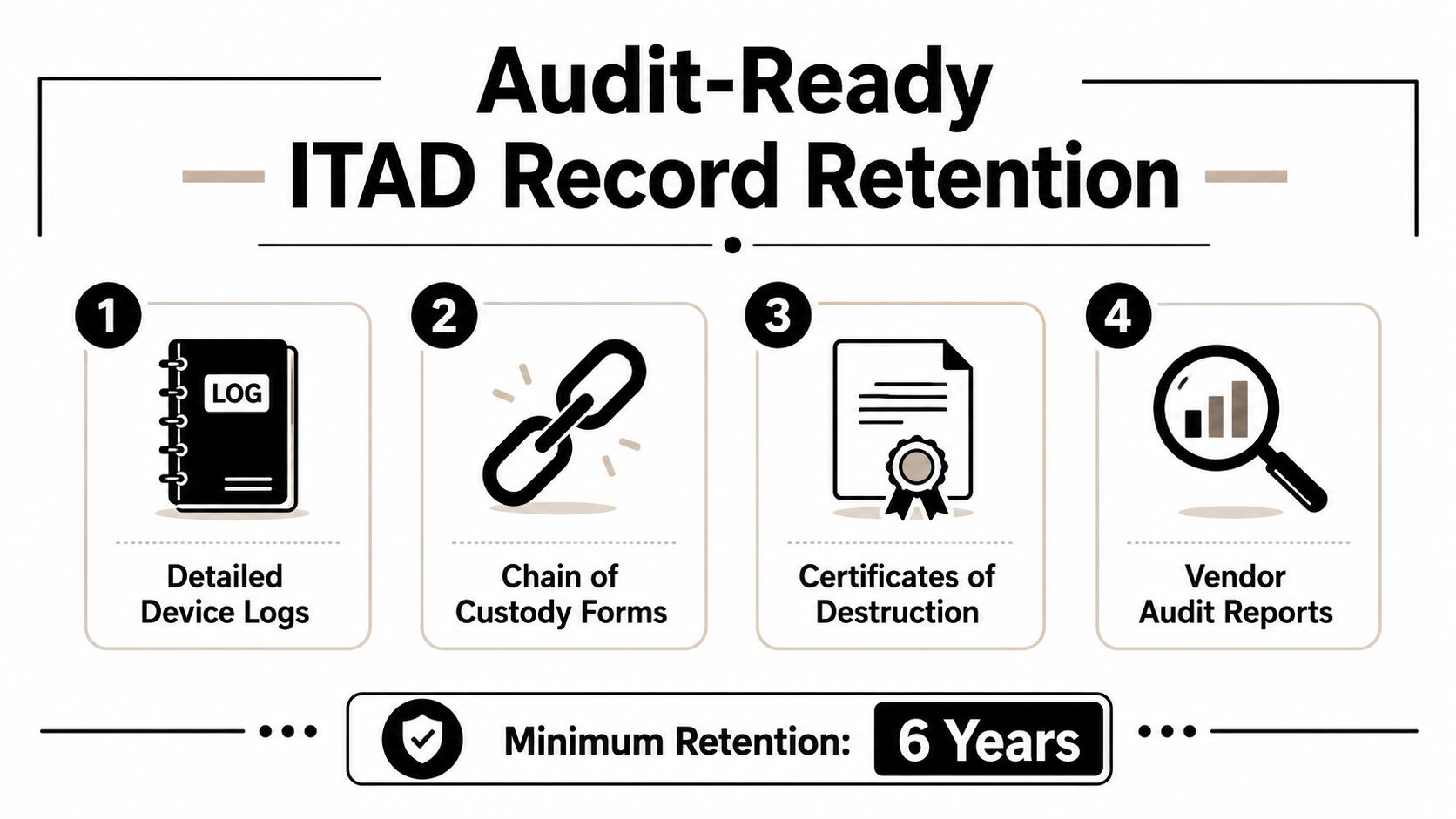 An infographic detailing Audit-Ready ITAD record retention requirements with a six-year minimum document storage policy.