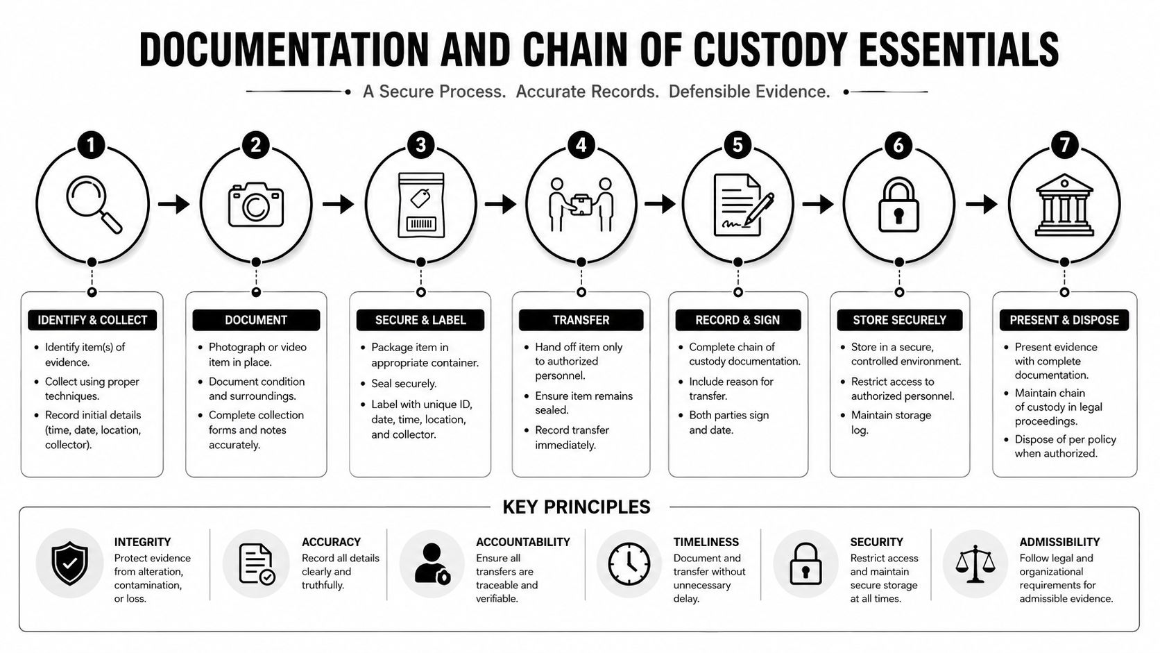 An infographic showing the seven essential steps for documentation and chain of custody in forensic evidence management.
