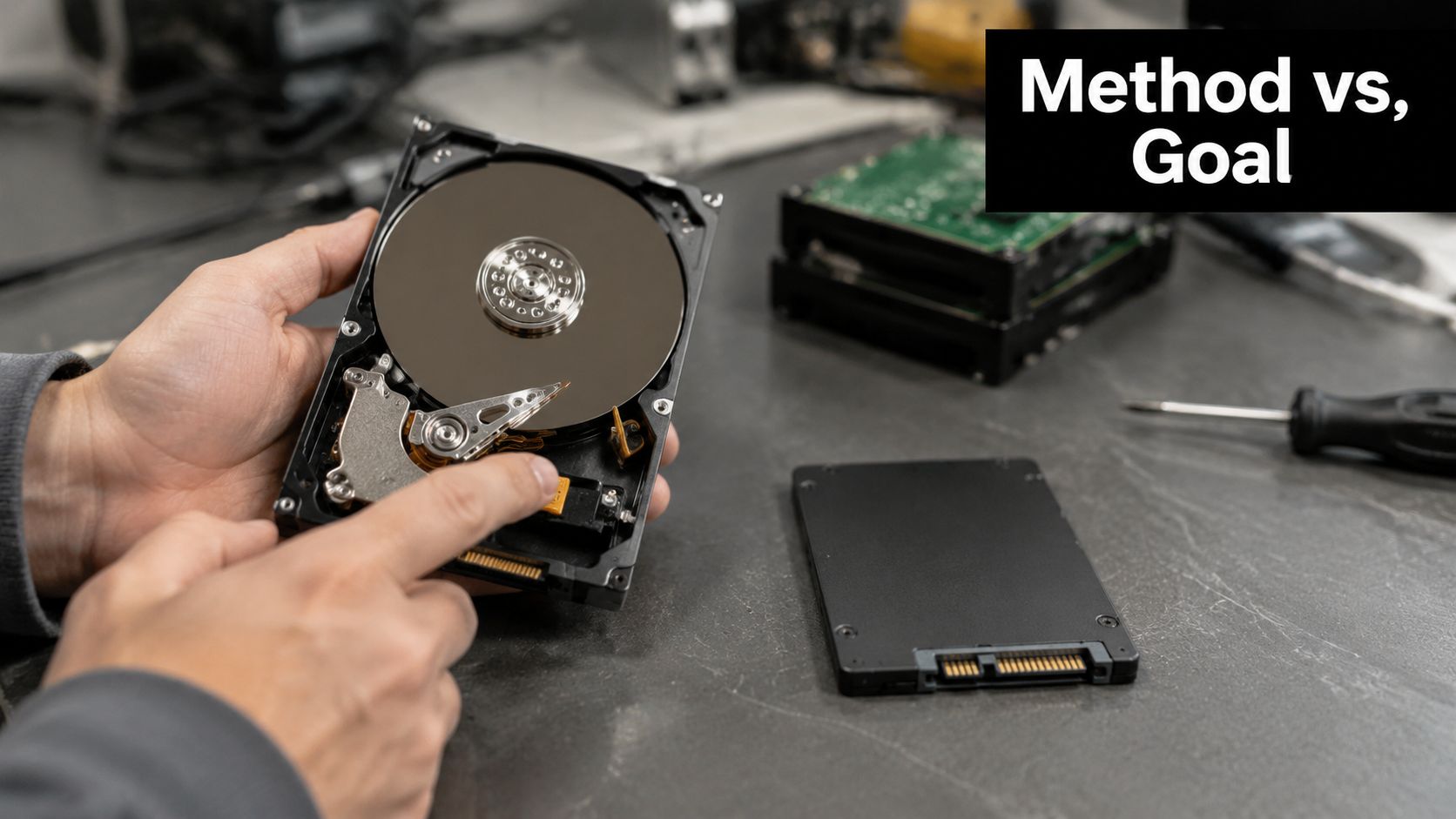 A technician inspecting an open hard disk drive while an SSD lies on the workbench nearby.
