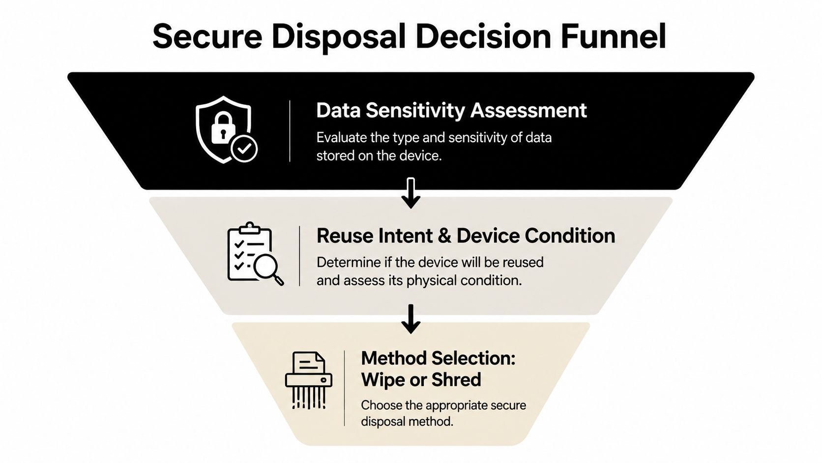 A funnel diagram illustrating the three-step secure data disposal process for electronic devices and storage media.