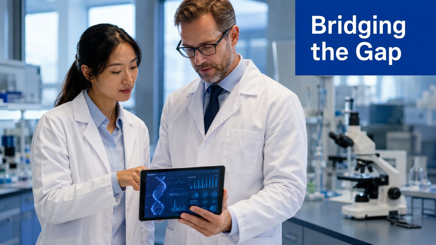 A female and a male scientist in white lab coats examining data on a tablet in a laboratory.