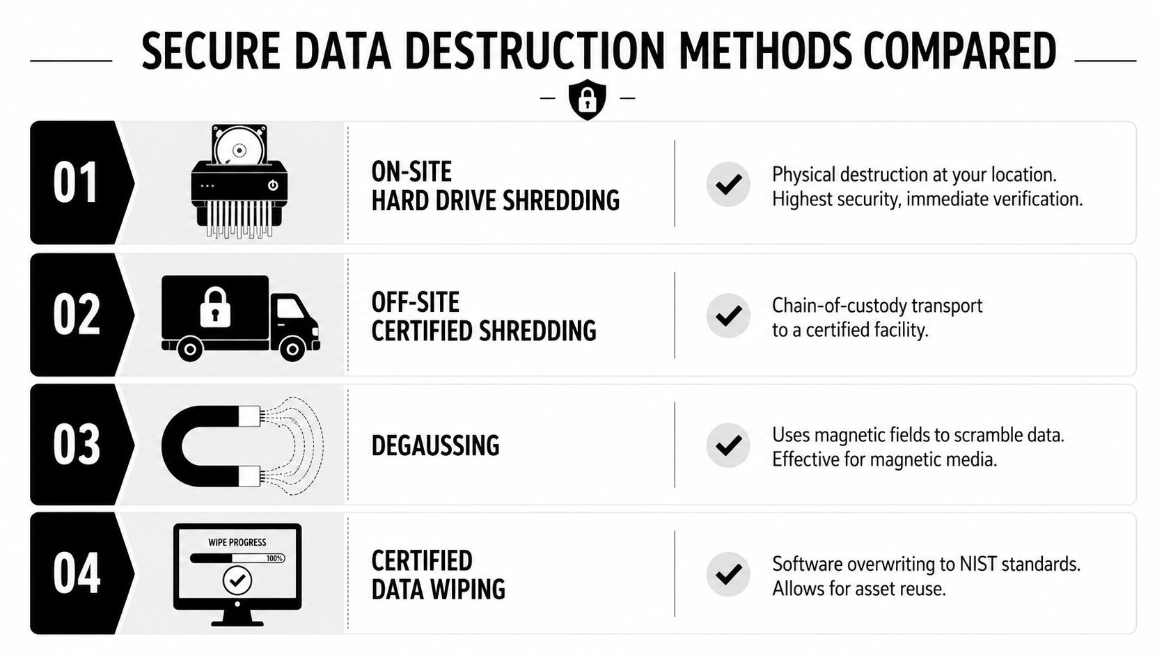 A comparison chart outlining four secure data destruction methods including shredding, degaussing, and certified software data wiping.