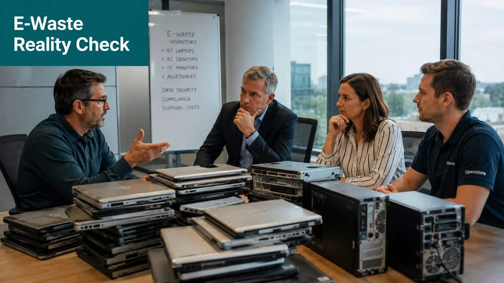 A diverse team discusses electronic waste disposal and inventory management in a modern office meeting room.