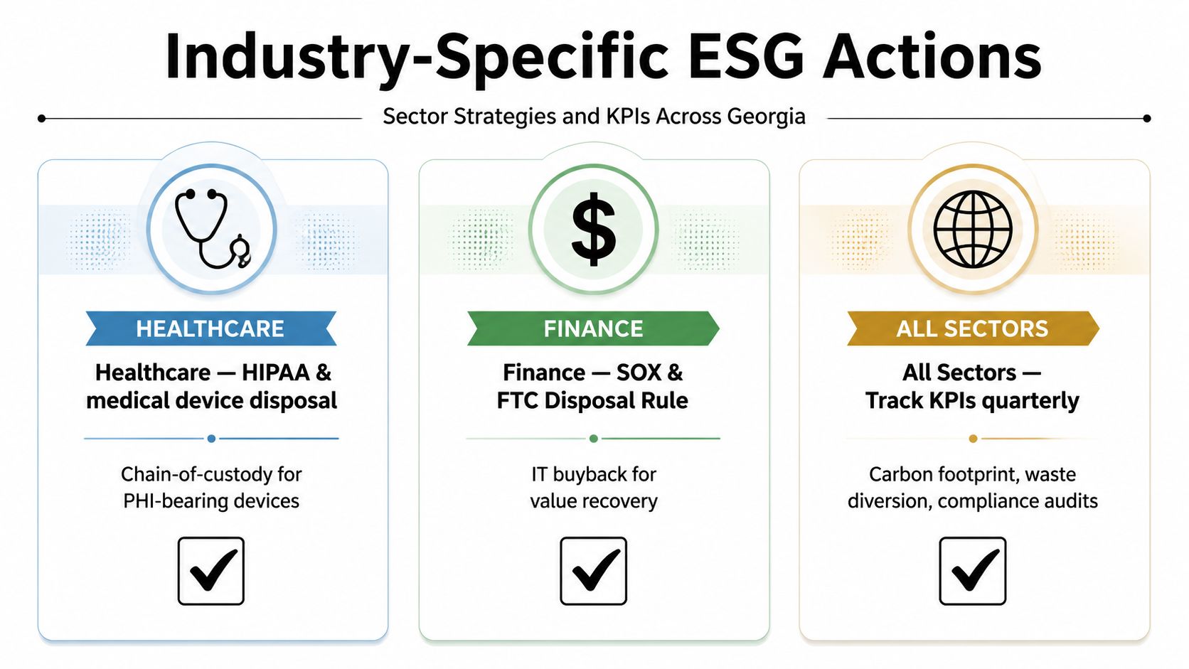 A graphic infographic showing industry-specific ESG action strategies for healthcare, finance, and general business sectors in Georgia.