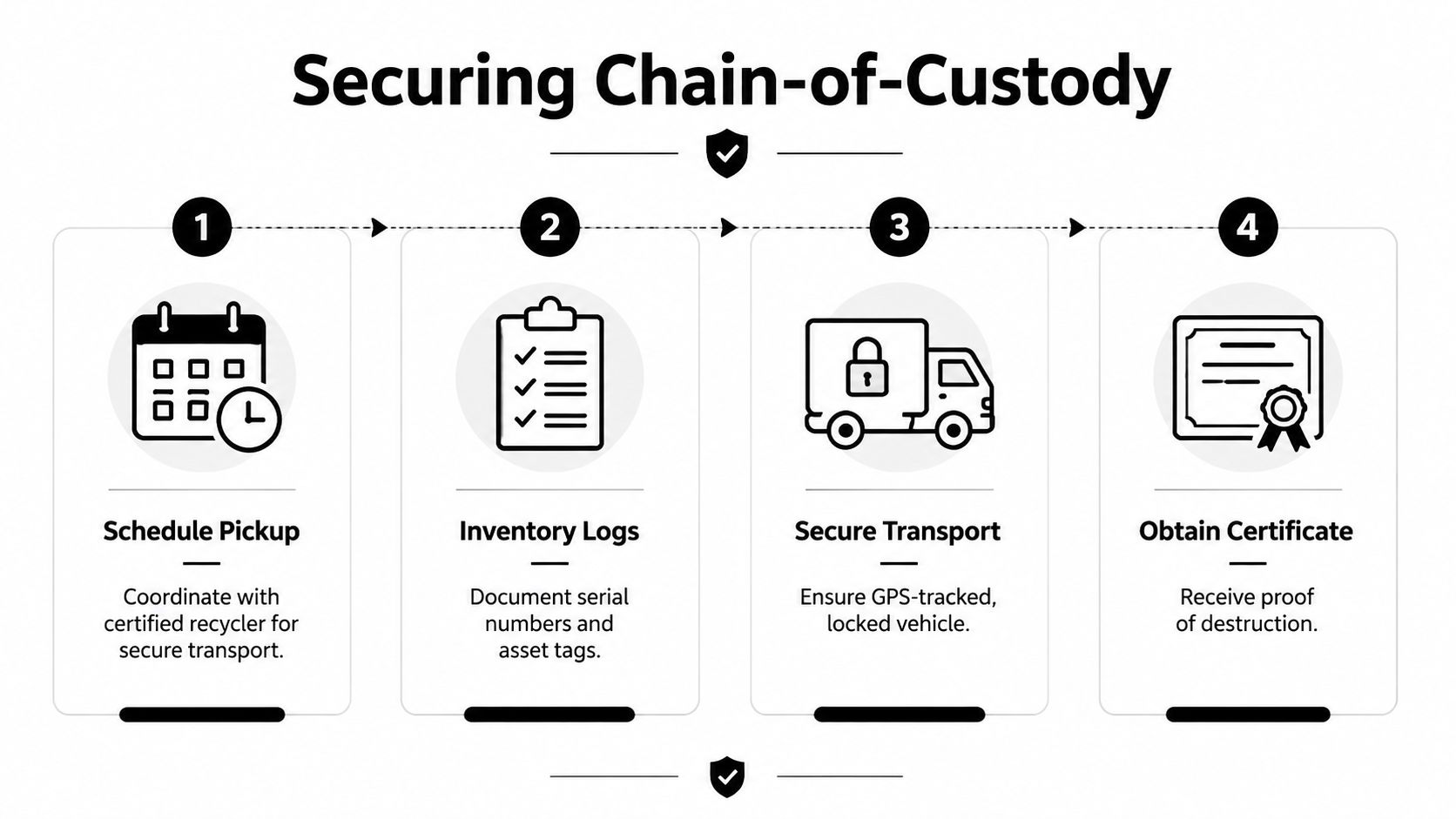 A four-step infographic illustrating the secure chain-of-custody process for recycling electronic devices and hardware.
