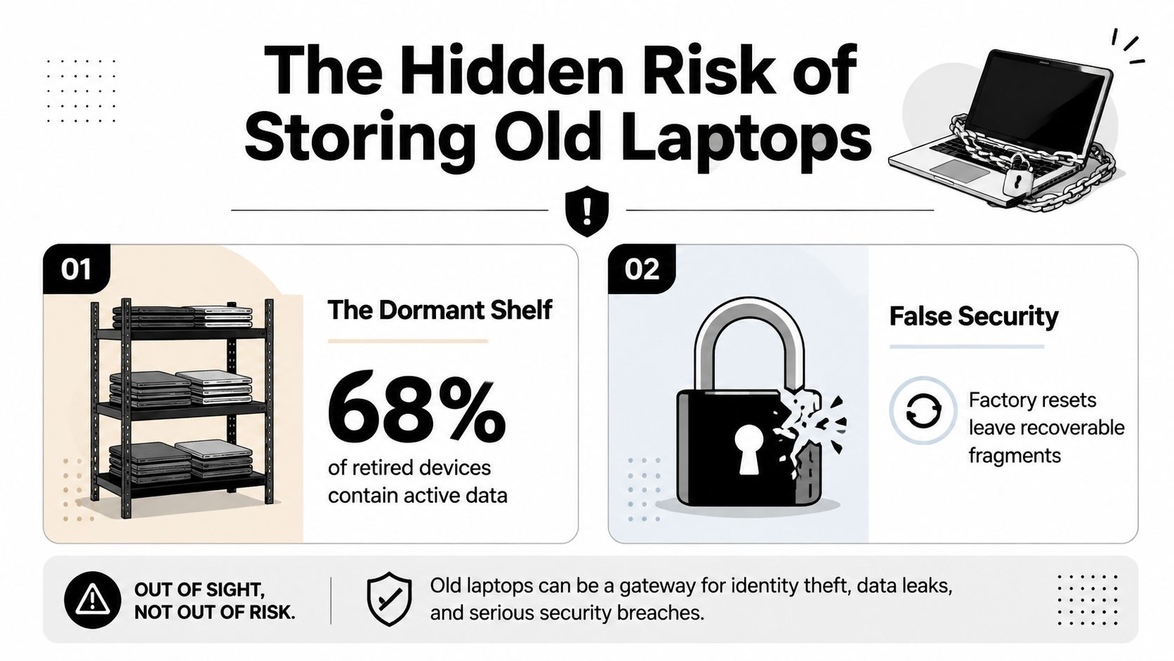 An infographic titled The Hidden Risk of Storing Old Laptops showing security dangers of retired devices.
