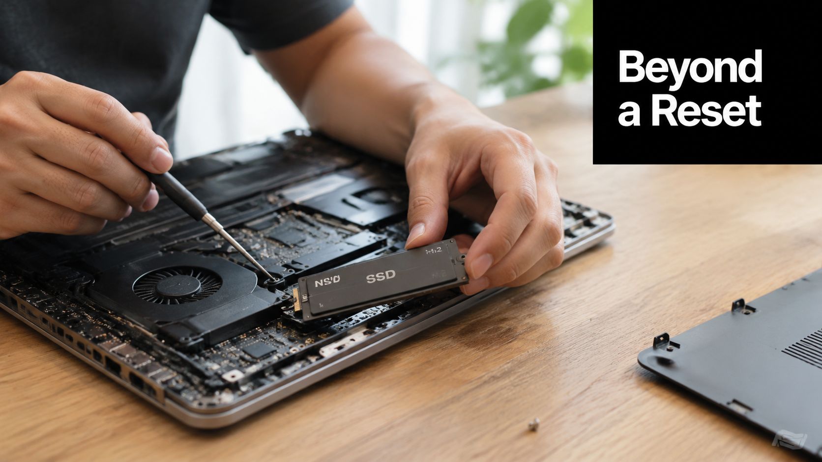 A technician carefully removes an internal M.2 SSD from a laptop during a secure data destruction process.