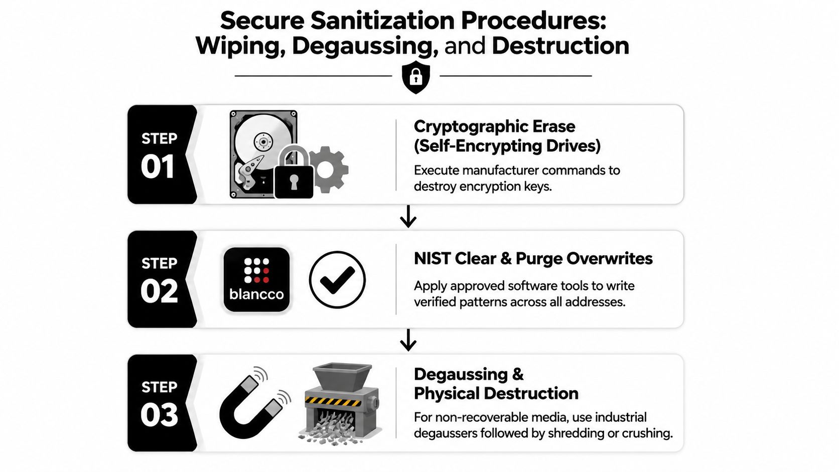 A three-step infographic explaining secure data sanitization procedures including cryptographic erase, software wiping, and physical hardware destruction.