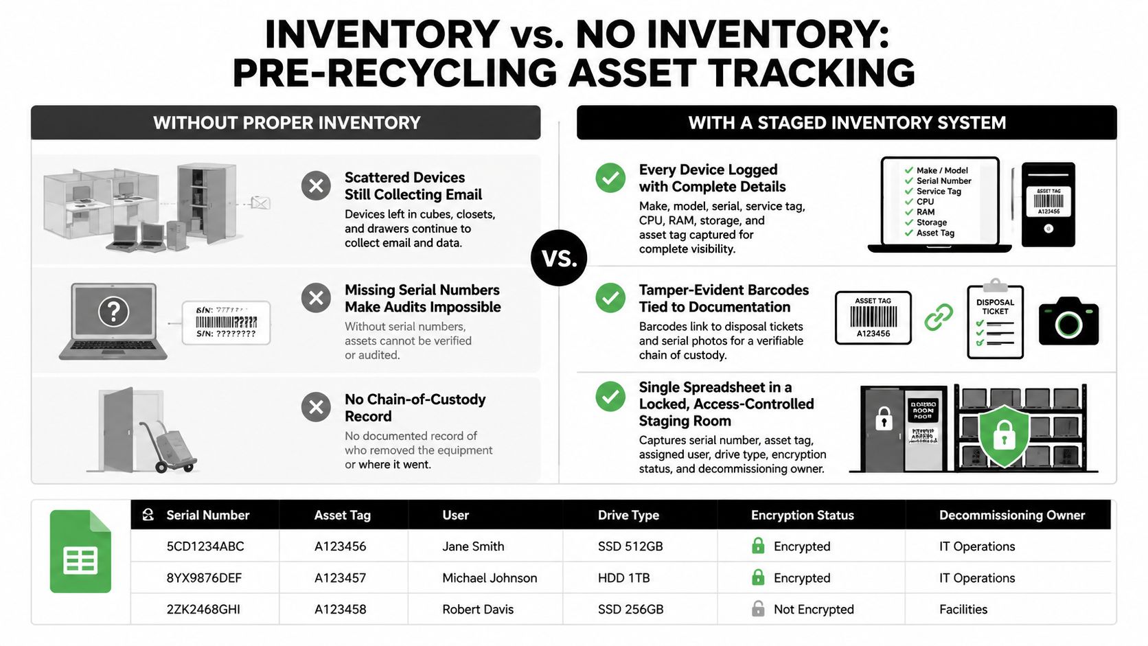 A comparison chart showing the benefits of using a staged inventory system versus no inventory for recycling electronics.