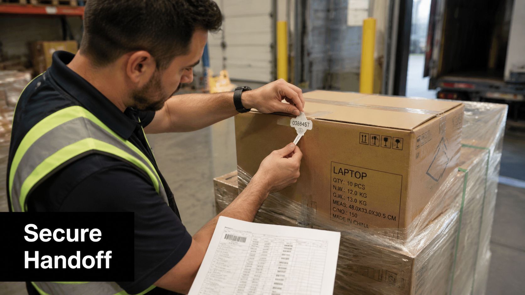 A warehouse worker placing a security seal on a box of laptops before shipment.