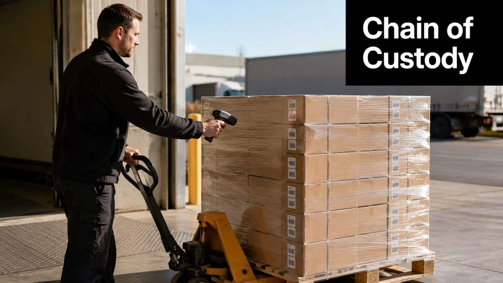 A warehouse worker scans shipping labels on a palletized load of cardboard boxes before transport.