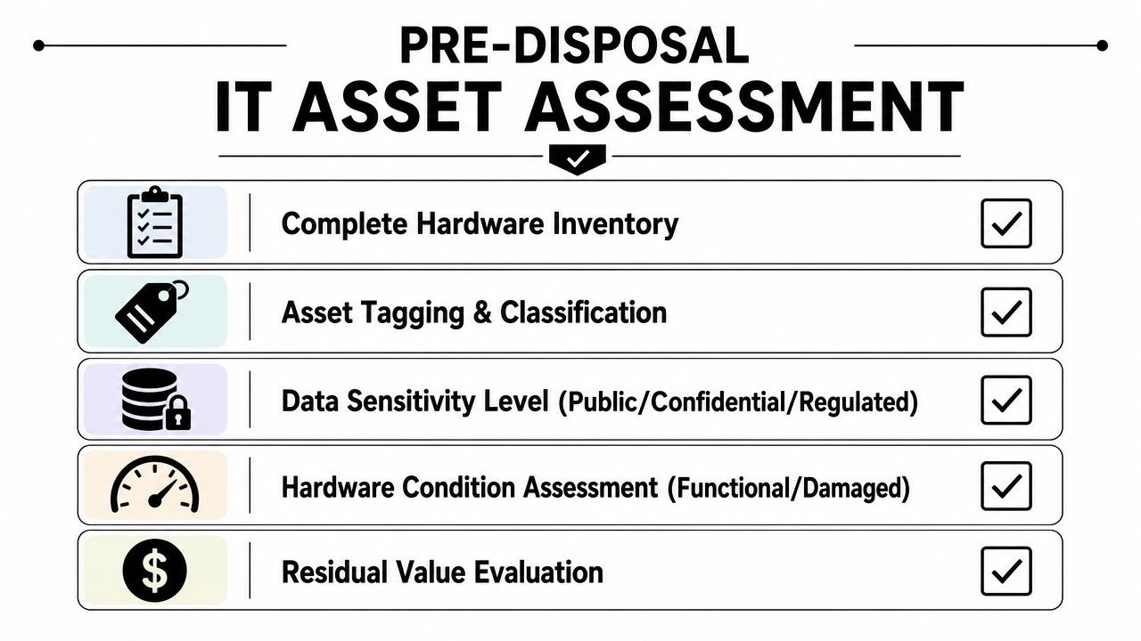 A checklist infographic titled Pre-Disposal IT Asset Assessment outlining five essential steps for disposing of business hardware.