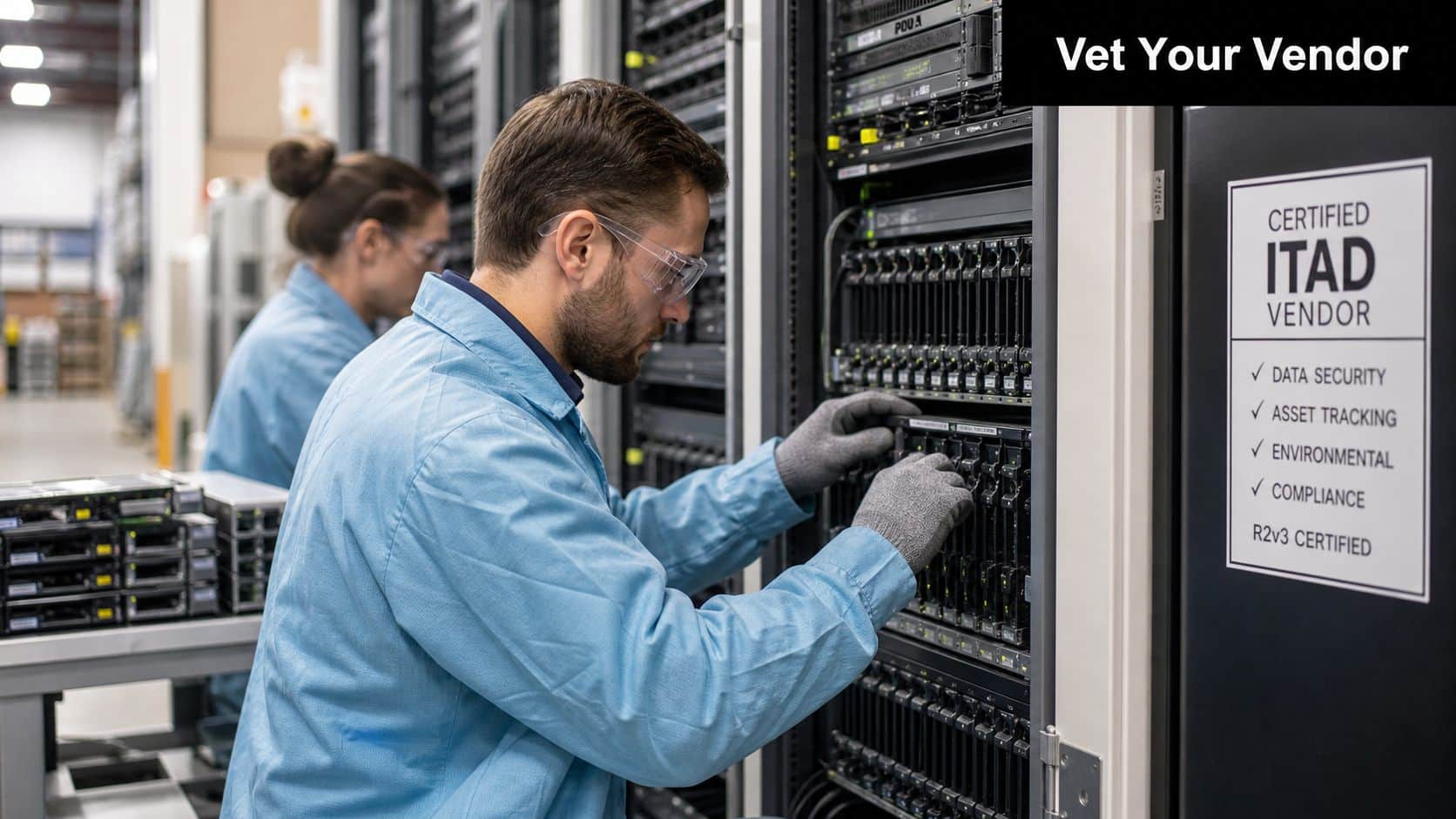 A technician working on server equipment in a facility with a certified ITAD vendor sign visible.