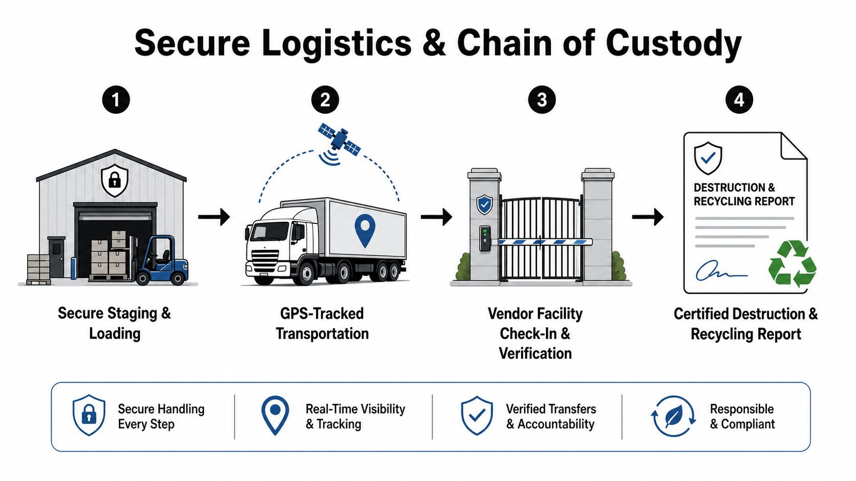 A four-step infographic illustrating a secure logistics and chain of custody process for business computer recycling.