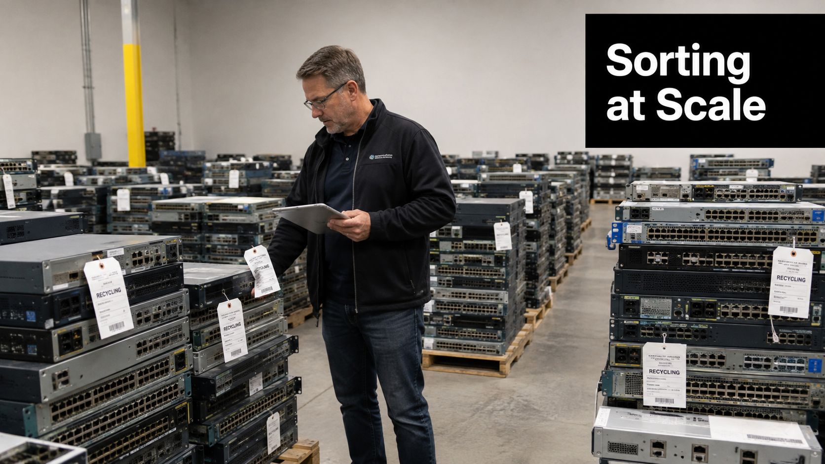 A technician inspects a large warehouse filled with stacked electronic network switches and routers for recycling.