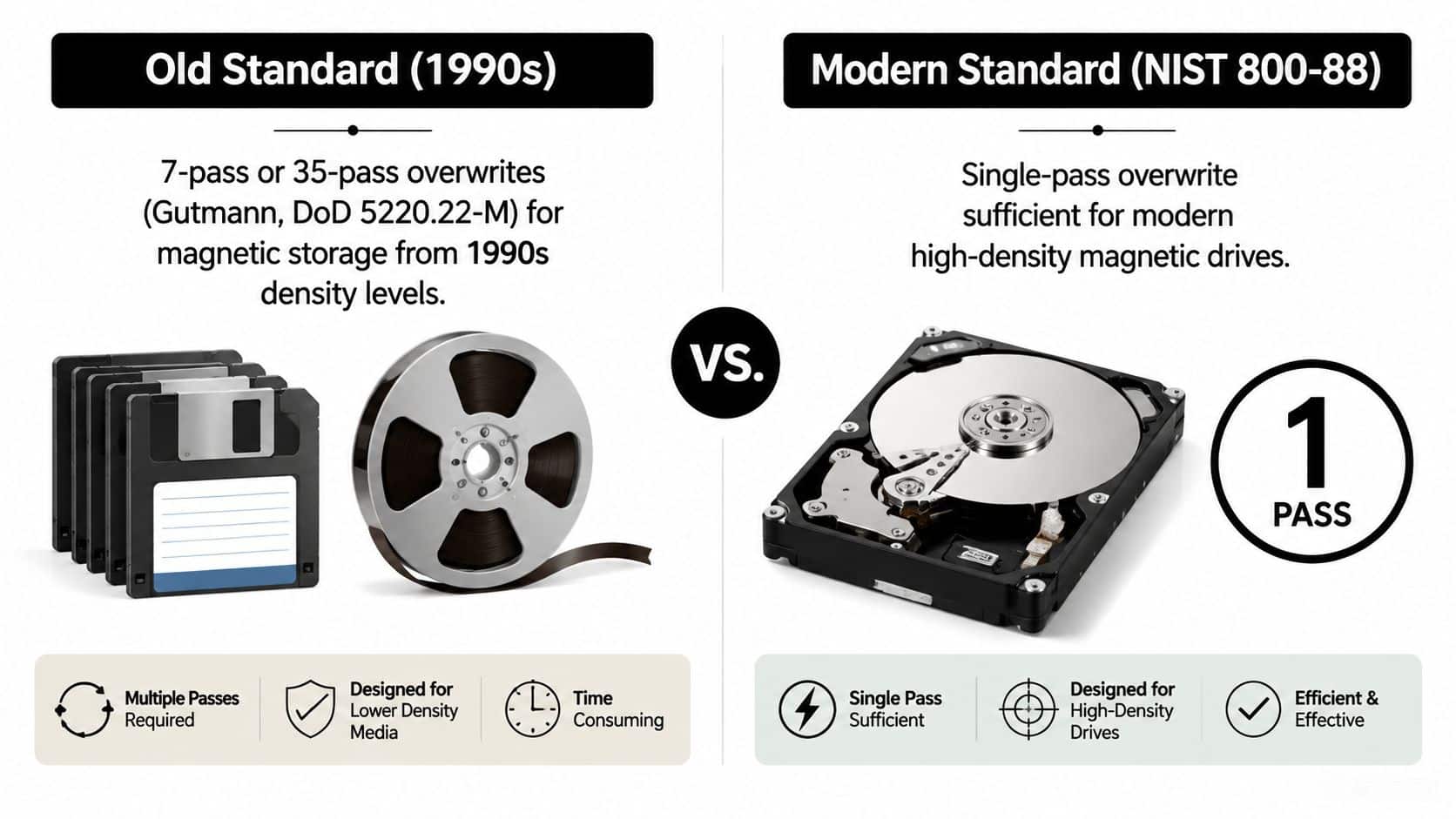 A comparison graphic showing old multi-pass data wiping standards versus the modern single-pass NIST 800-88 standard.