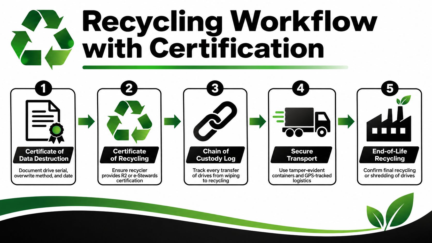 A five-step recycling workflow diagram outlining the process for secure hard drive data destruction and recycling.