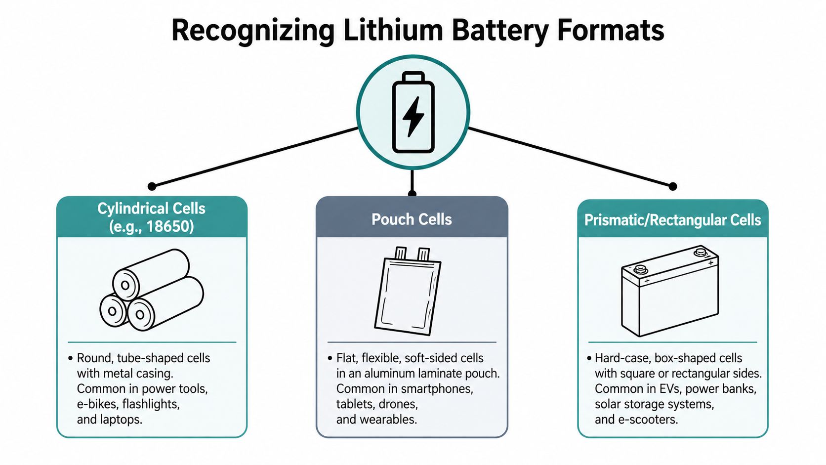 An infographic illustrating three main types of lithium battery formats: cylindrical cells, pouch cells, and prismatic cells.