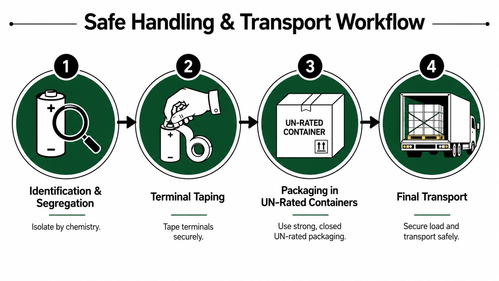 A four-step infographic illustrating the safe handling and transport workflow for industrial lithium battery disposal.
