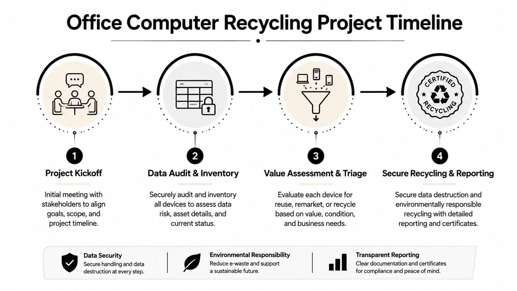 A four-step infographic showing the timeline for an office computer recycling project from kickoff to reporting.