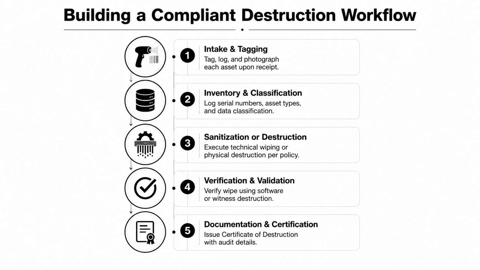 A five-step flowchart illustrating a compliant process for secure data asset destruction and equipment sanitization.