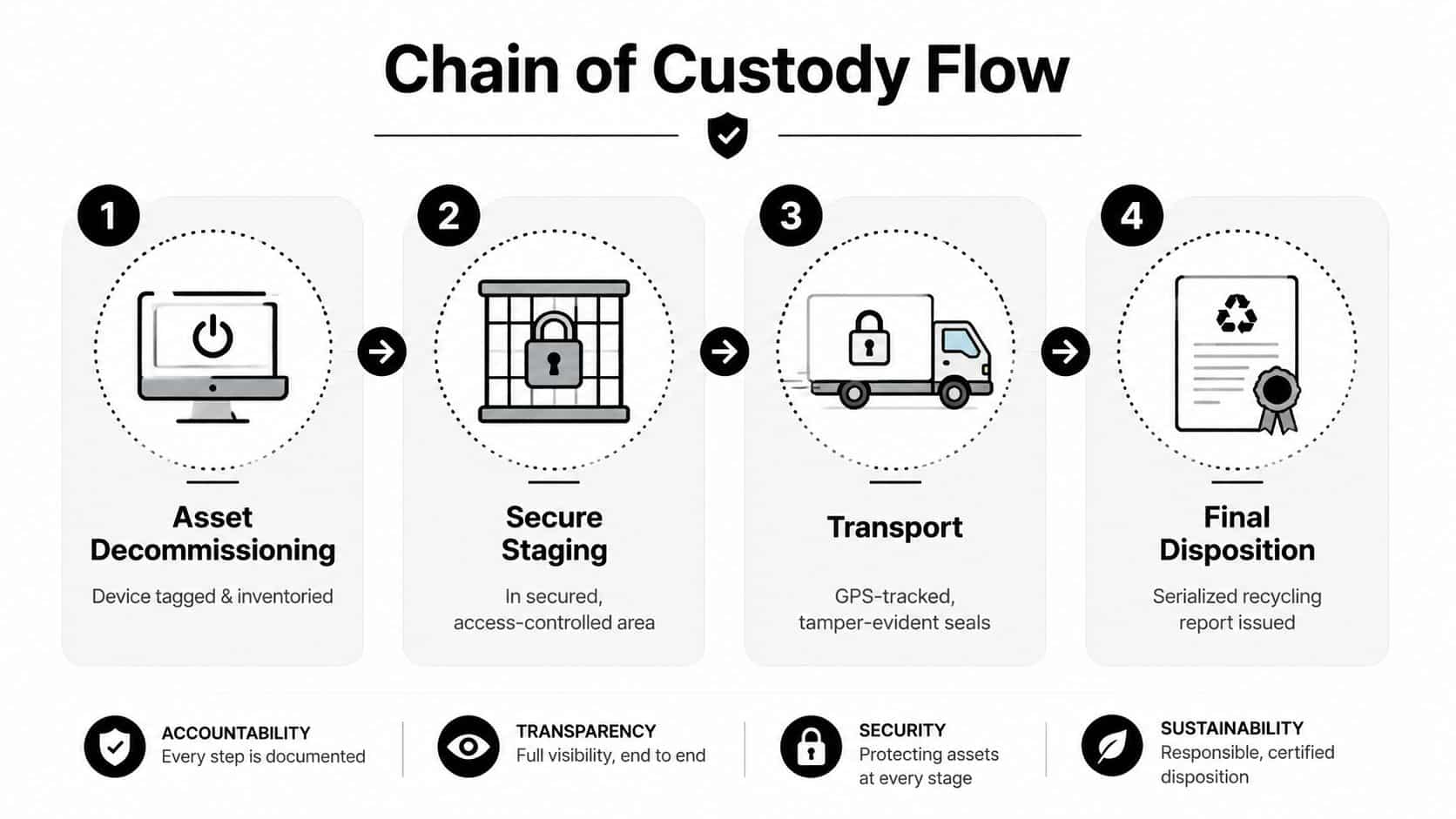 A four-step infographic illustrating the secure chain of custody flow for business asset decommissioning and recycling.