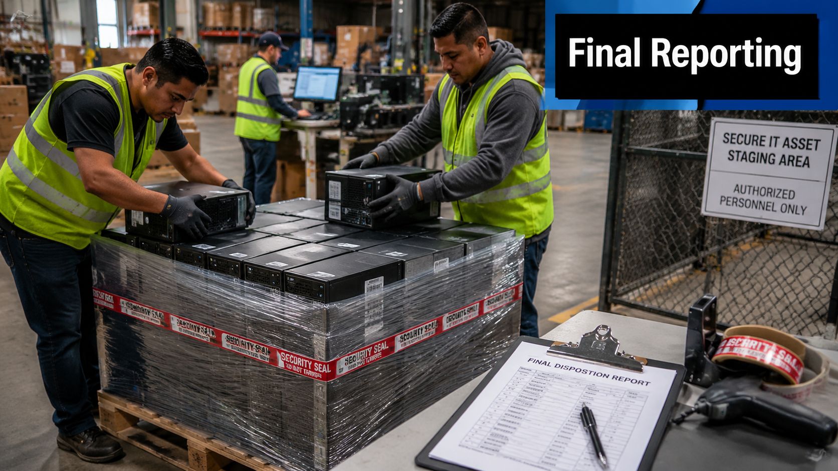 Warehouse workers in high-visibility vests labeling and wrapping a pallet of computers for secure asset disposition.
