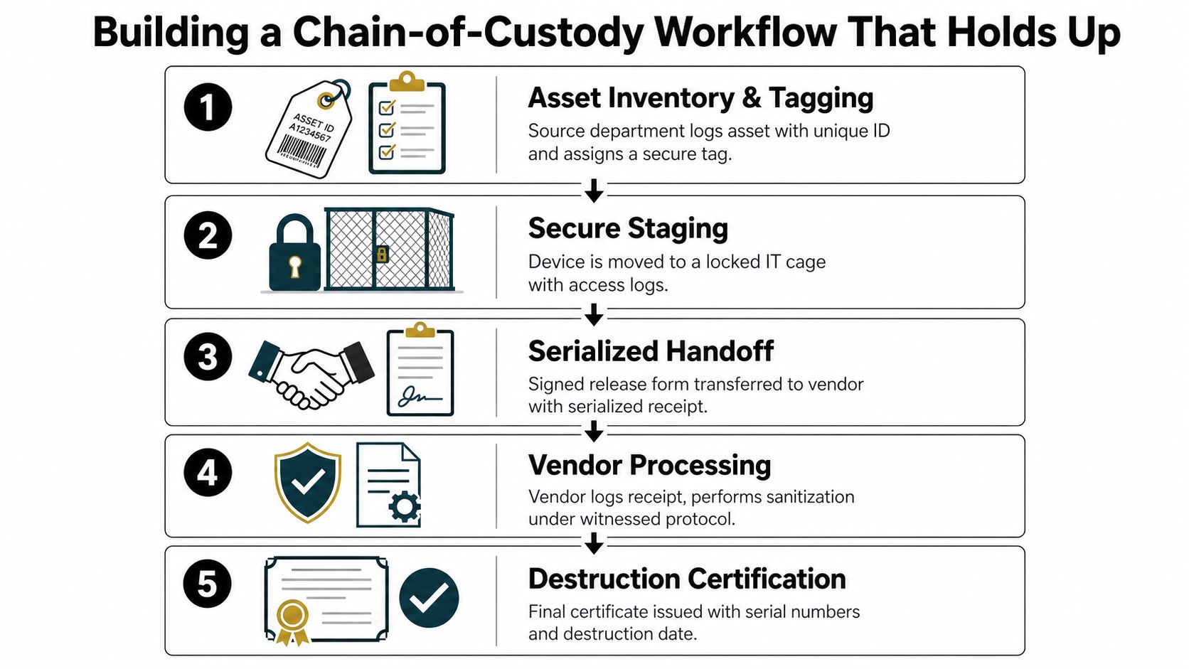A five-step flowchart illustrating a secure chain-of-custody workflow for IT asset disposal and data destruction.