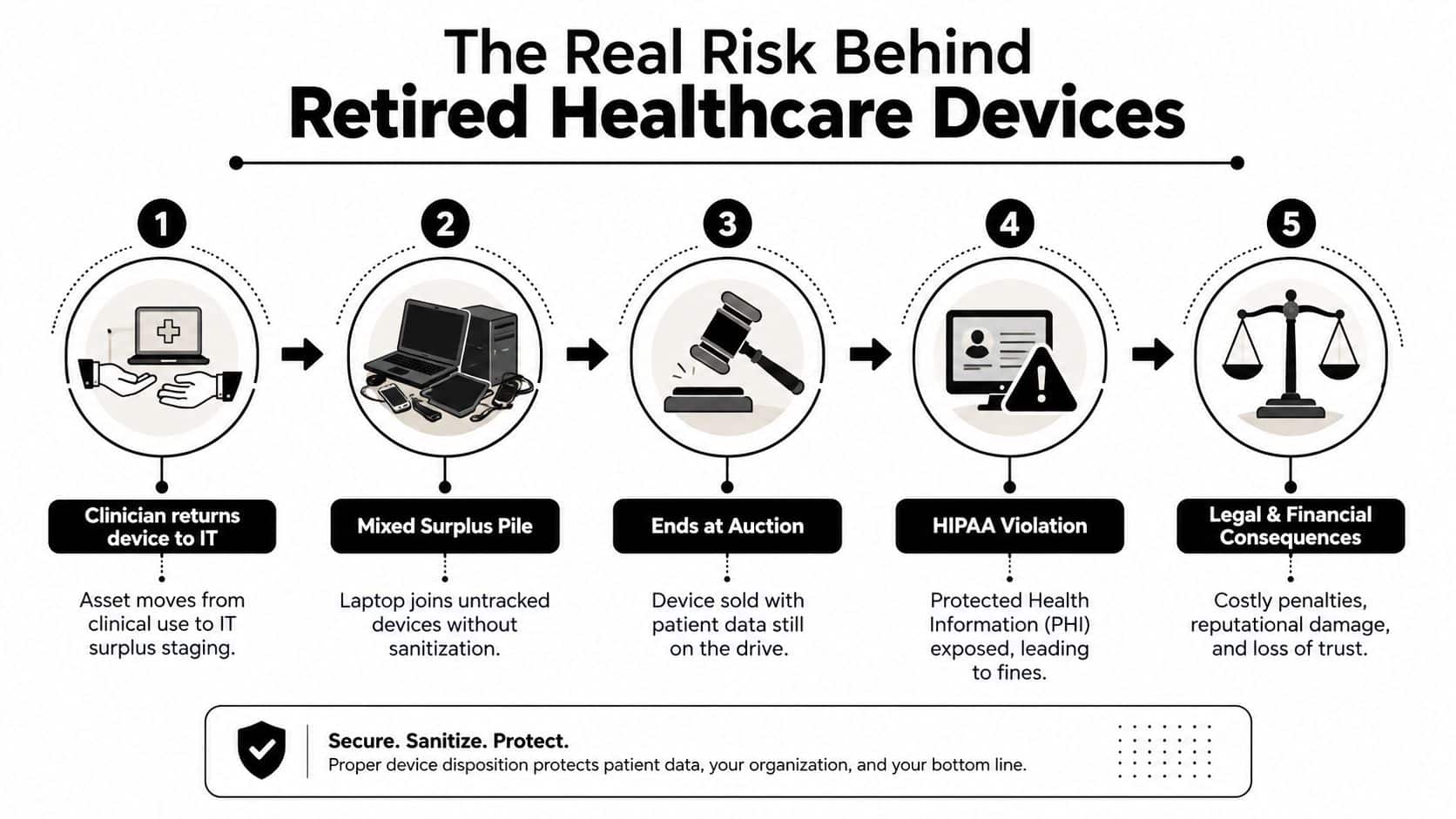A five-step infographic showing the risks of improperly disposing of retired healthcare devices containing sensitive patient data.