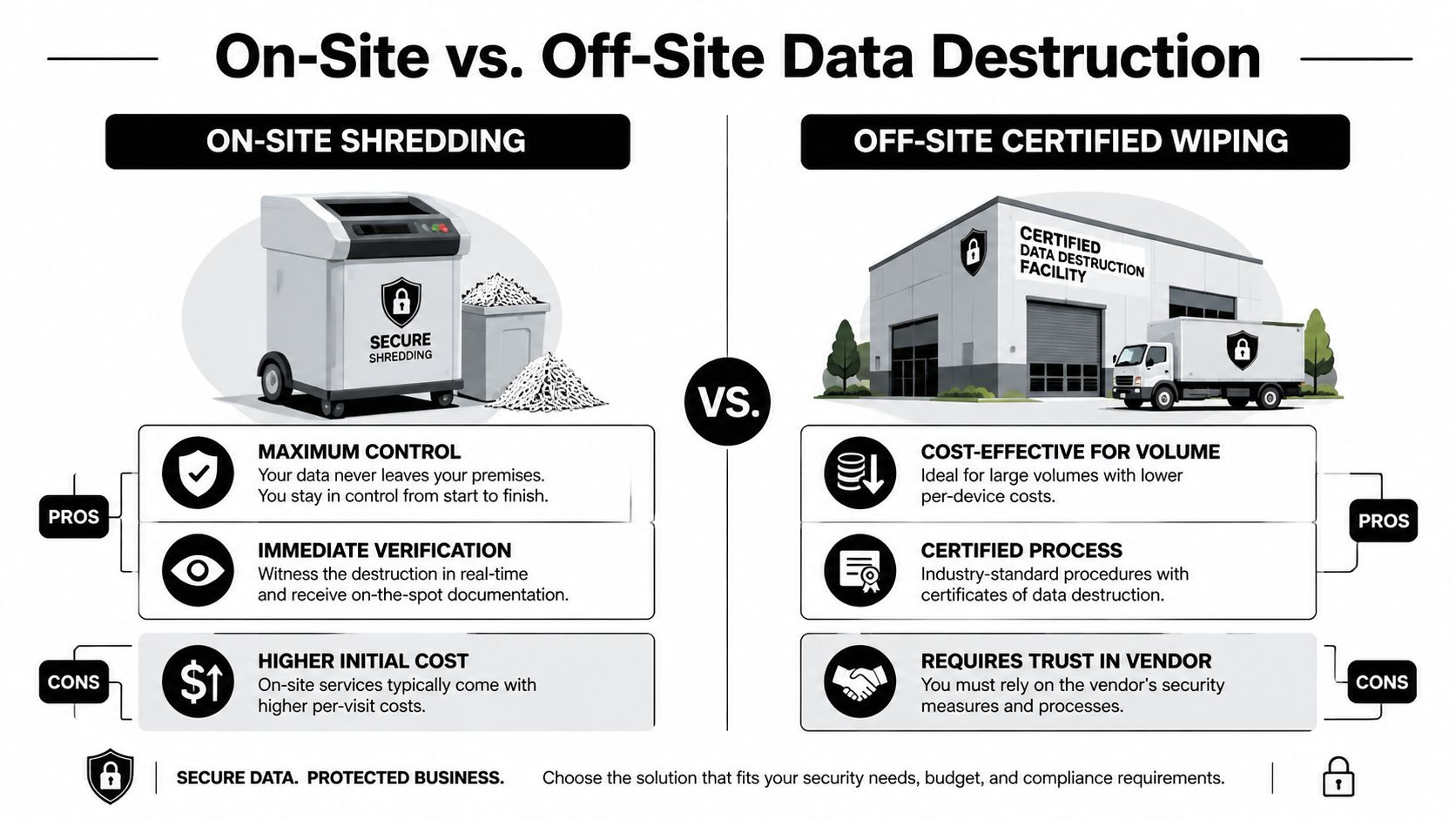 A comparison infographic showing the pros and cons of on-site shredding versus off-site data destruction services.