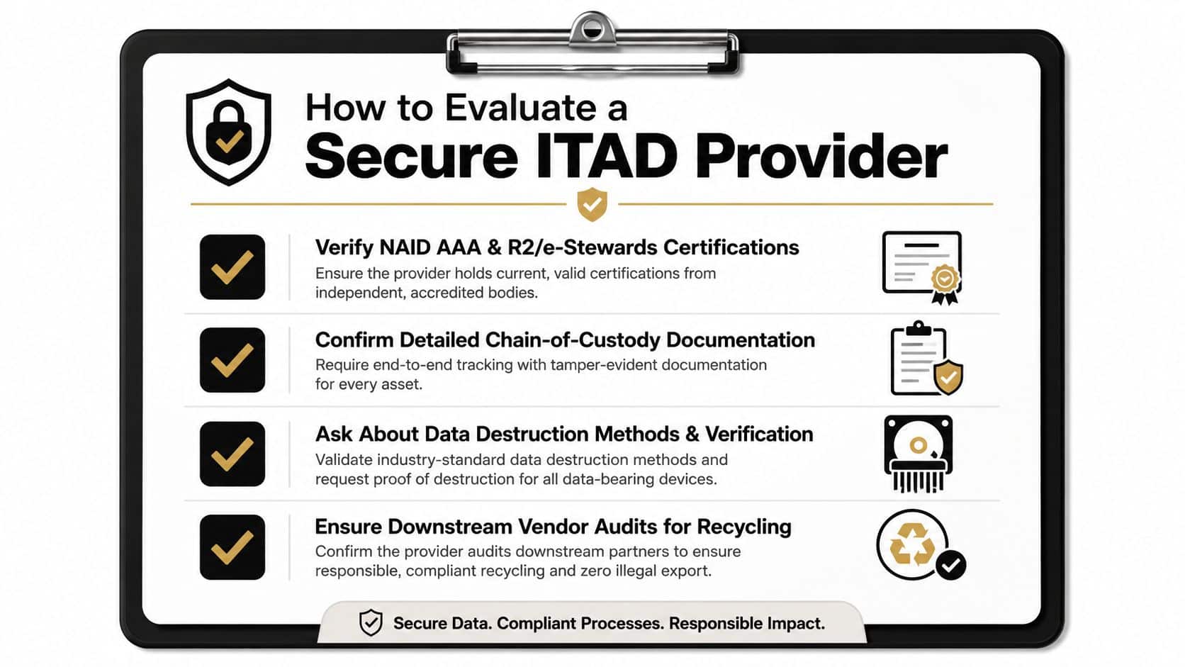 A checklist illustrating four essential steps for evaluating a secure IT Asset Disposition or ITAD service provider.