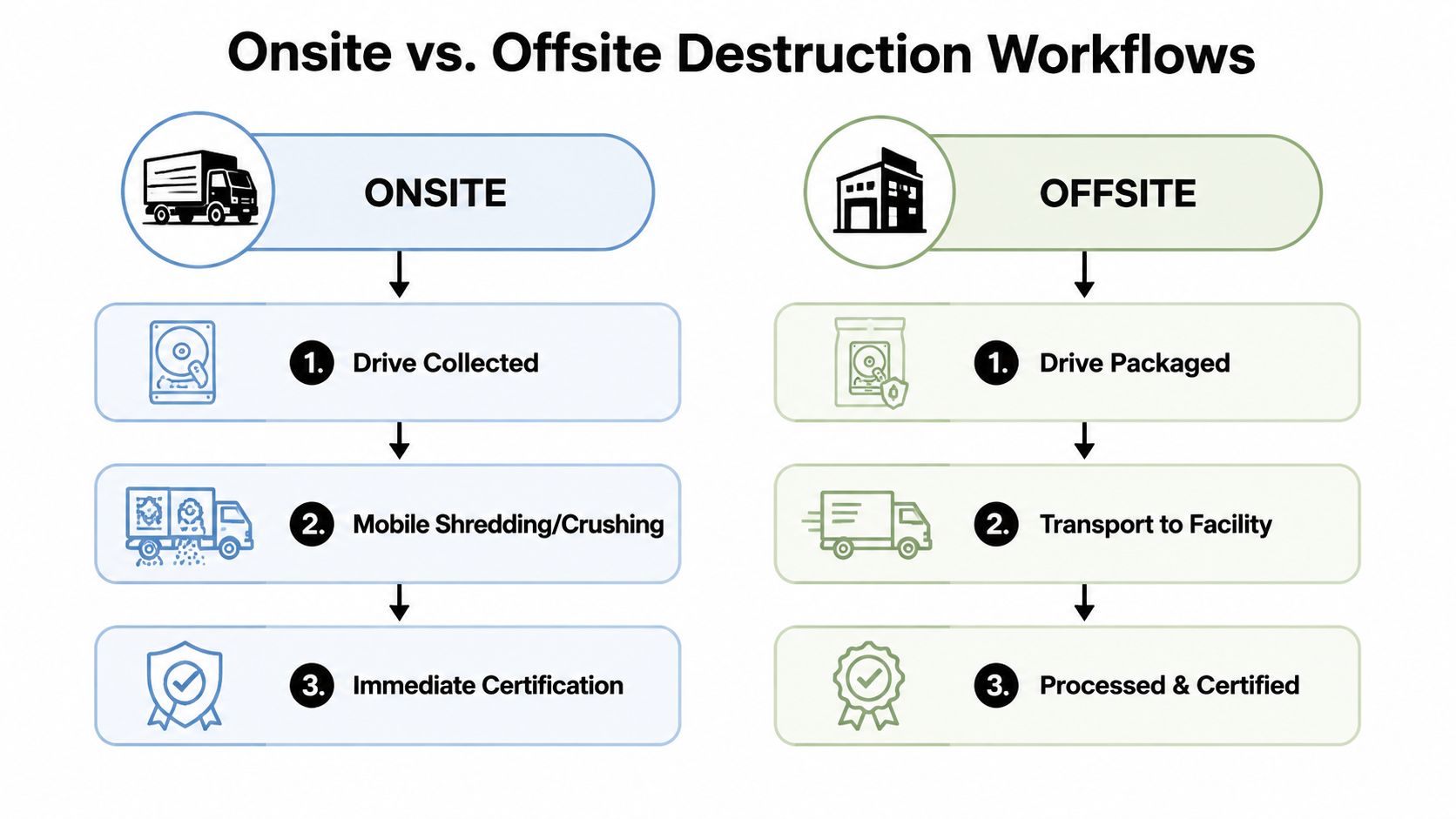 A comparison chart outlining the three-step workflows for onsite and offsite secure hard drive destruction services.