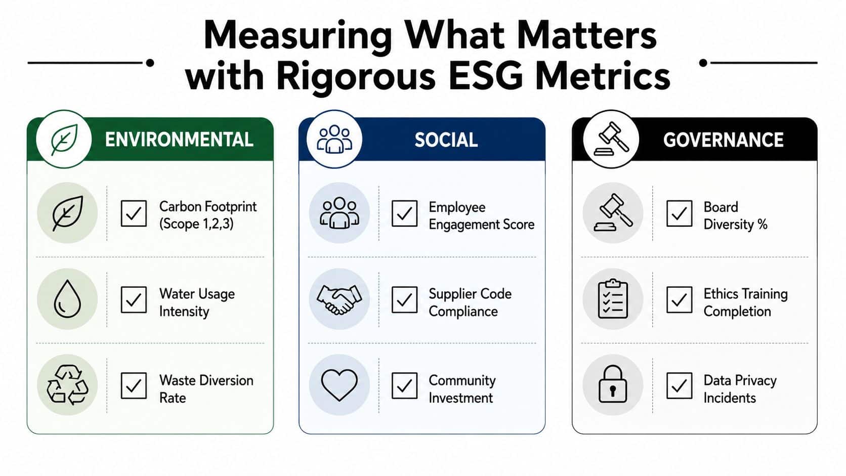 An infographic titled Measuring What Matters with Rigorous ESG Metrics showing environmental, social, and governance criteria categories.