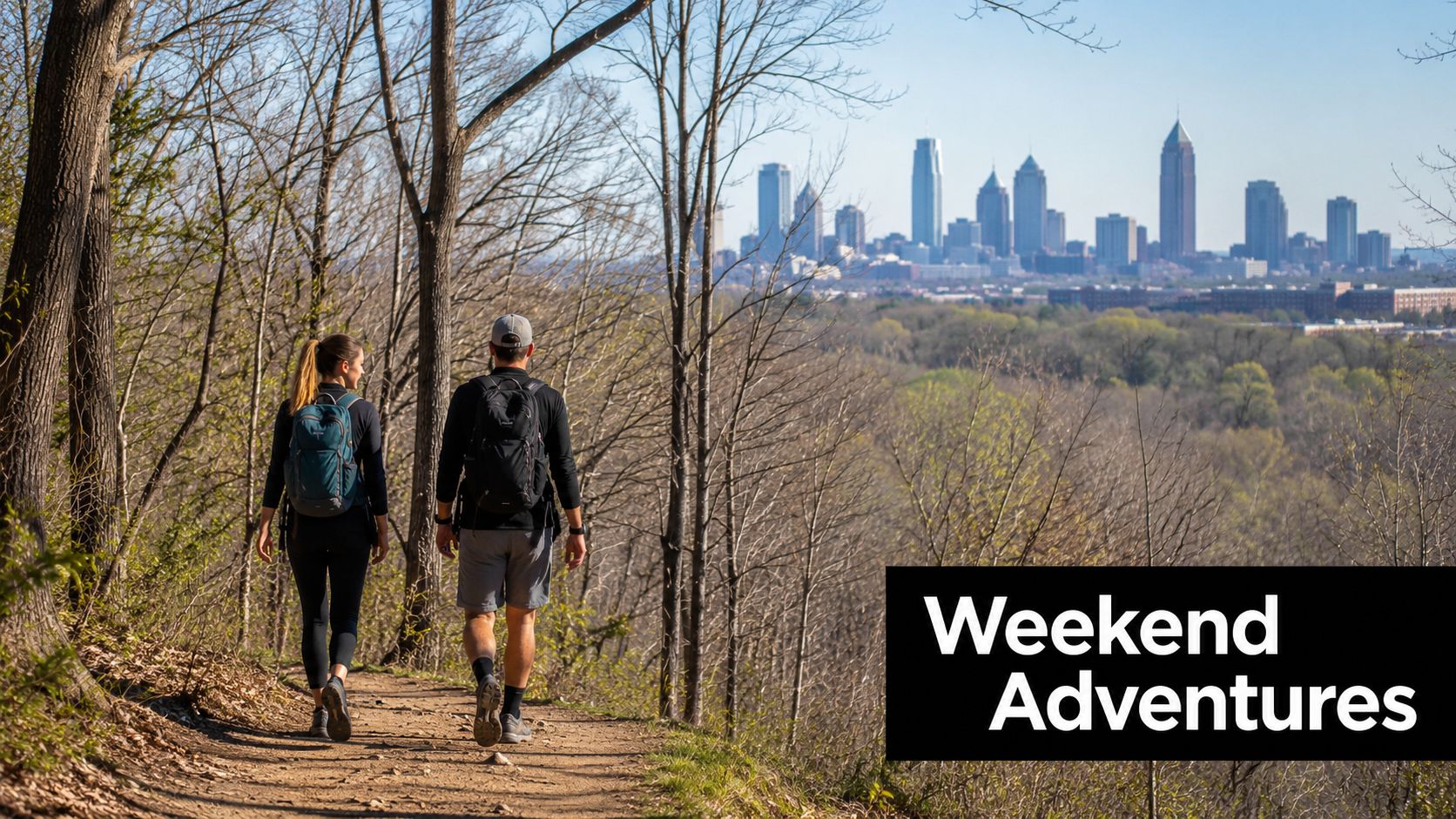 A couple wearing backpacks hikes on a woodland trail overlooking the Atlanta city skyline during daytime.