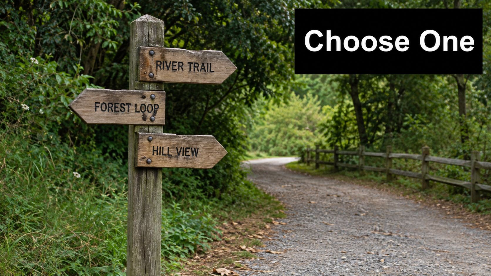 A wooden signpost at a fork in a gravel path indicating directions for hiking trails in nature.