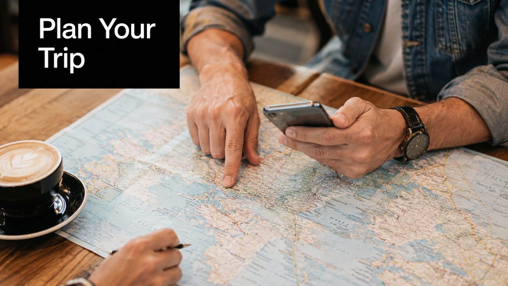A person pointing at a location on a travel map while holding a smartphone over the table.