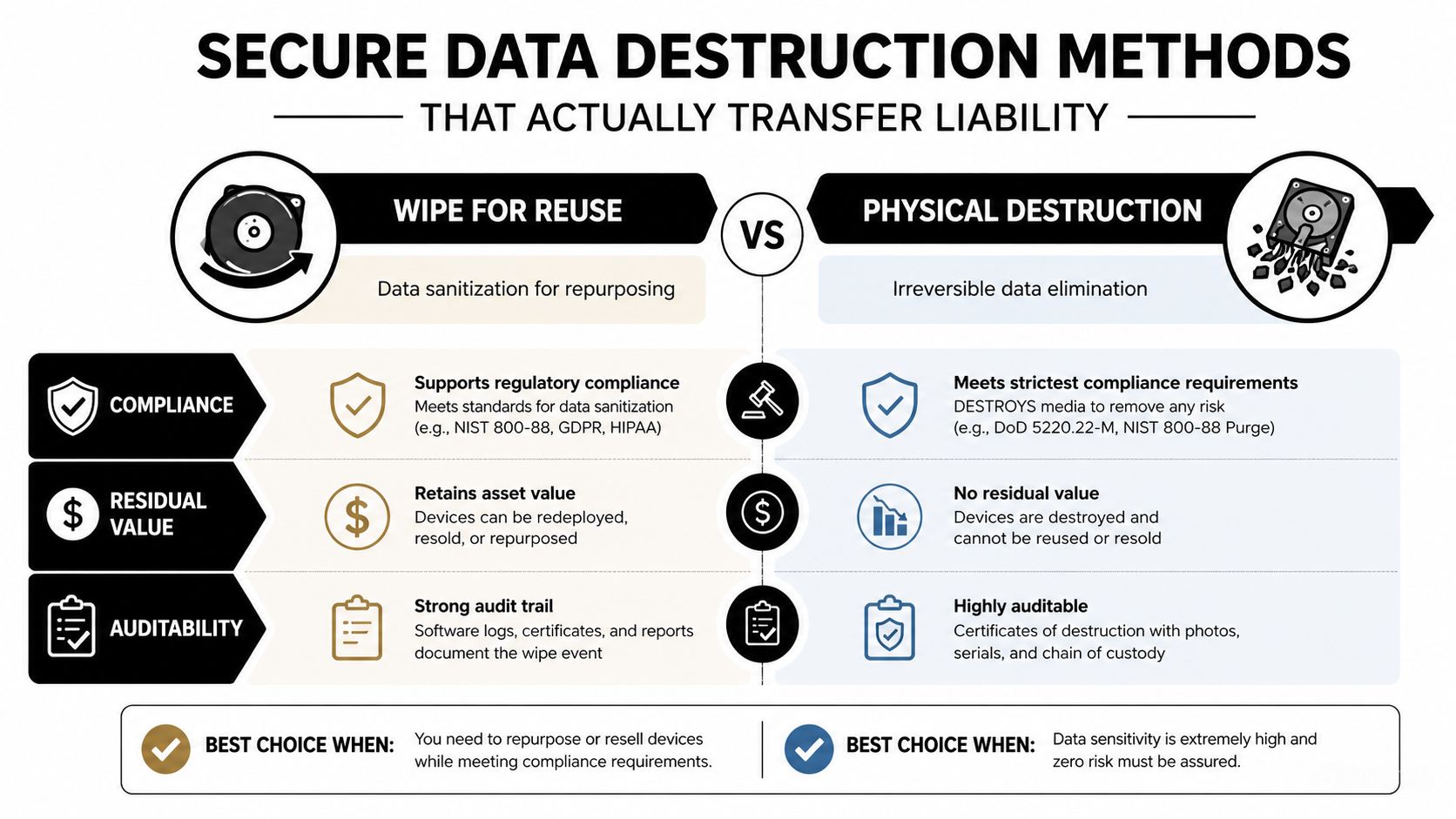 A comparative chart showing the benefits of data wiping versus physical destruction for secure electronic media disposal.