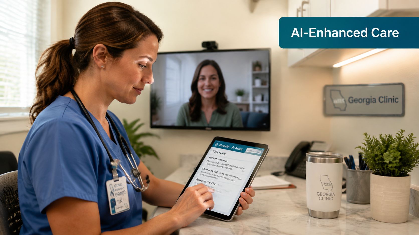 A healthcare professional uses a digital tablet for an AI-enhanced telehealth consultation in a Georgia clinic setting.