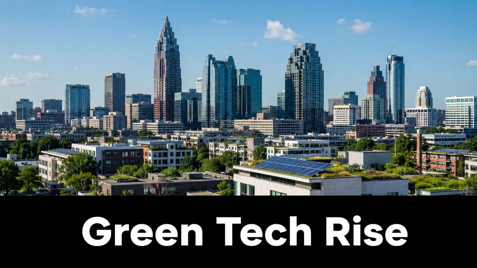 A modern cityscape of Atlanta featuring green energy technologies like solar panels on urban building rooftops.