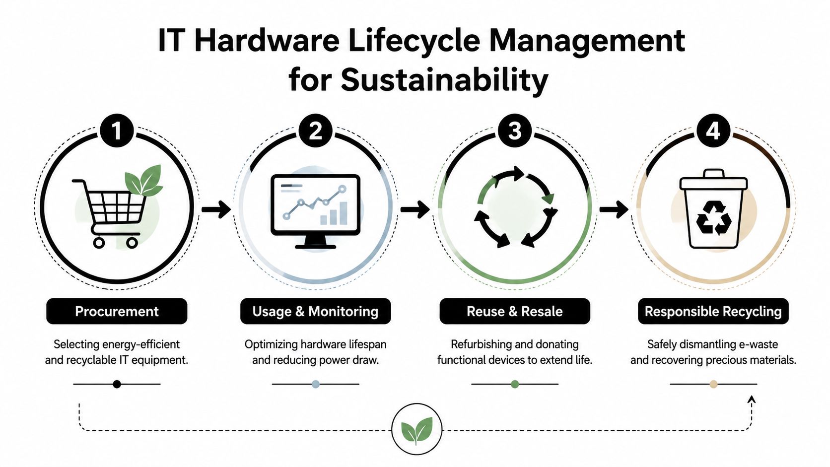 A four-step infographic illustrating the IT hardware lifecycle for sustainable technology, from procurement to responsible recycling.