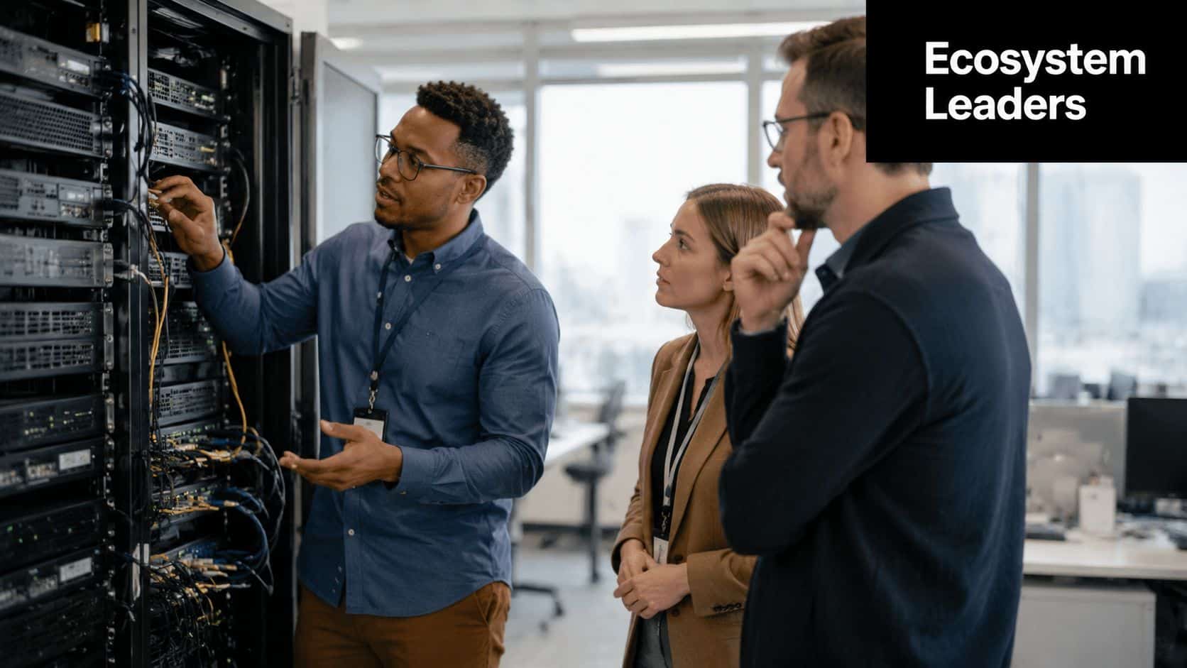 A professional IT team discussing and examining server equipment in a modern office data center environment.