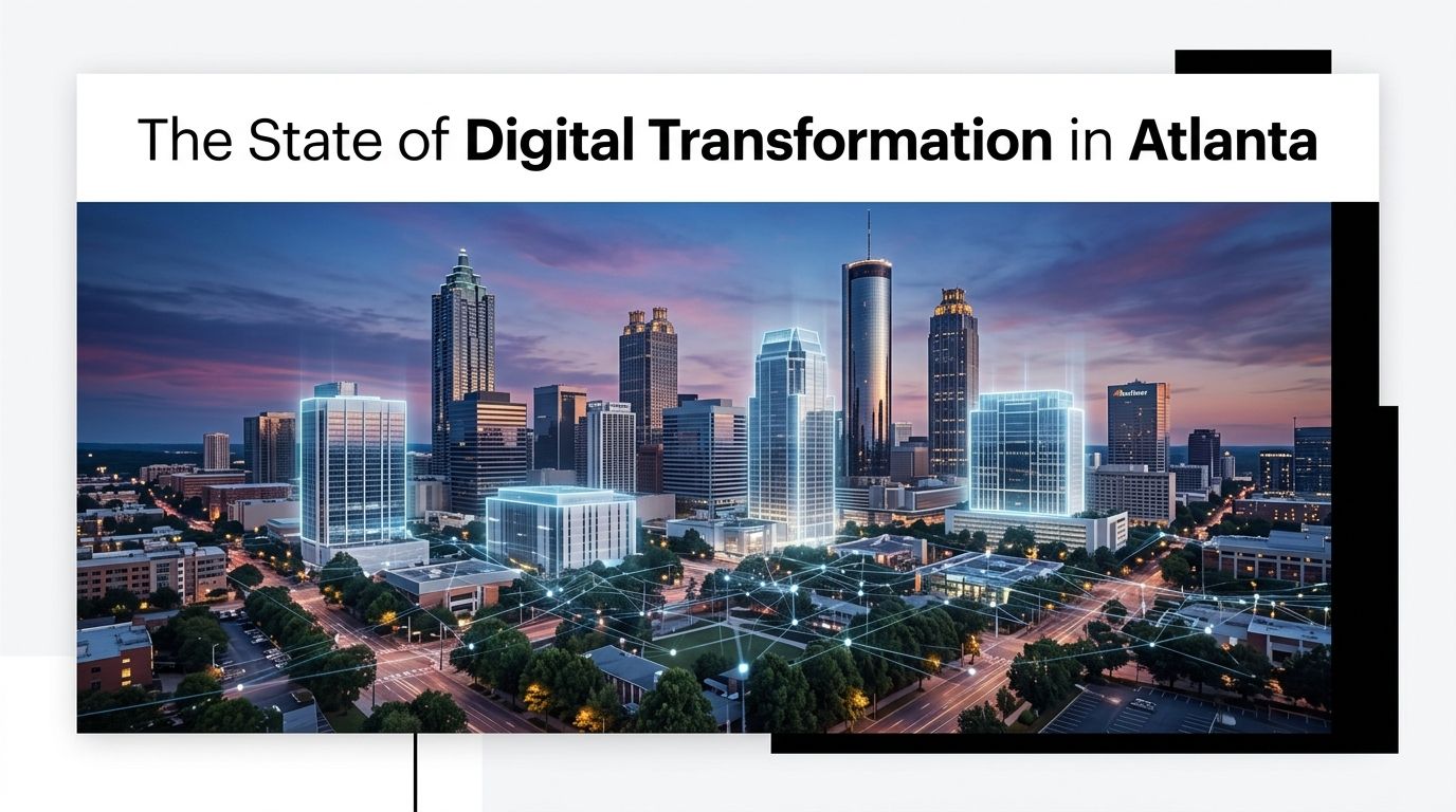 A scenic dusk view of the Atlanta city skyline overlaid with glowing digital connectivity lines and nodes.