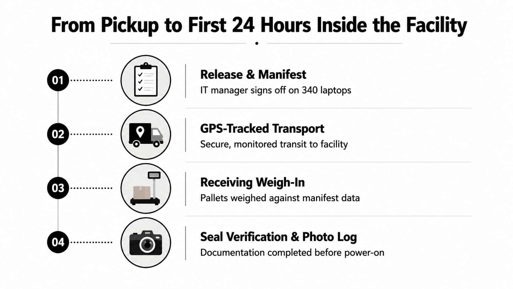A flowchart showing four steps for handling recycled computers from pickup to initial facility processing.