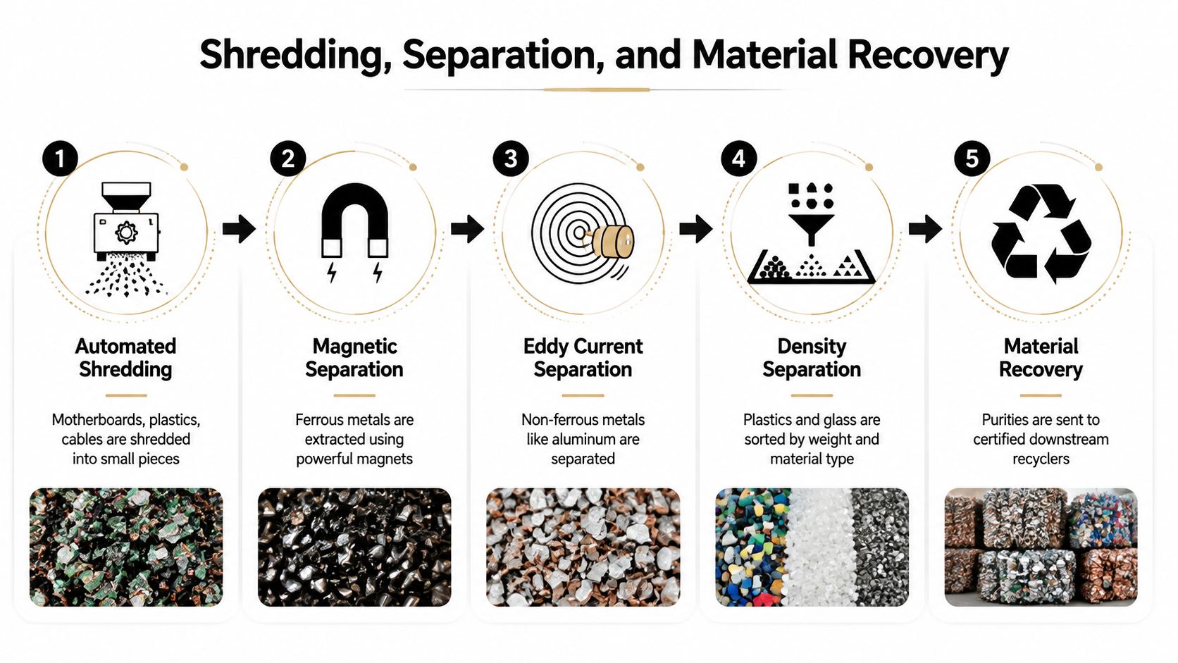 A five-step infographic showing the automated recycling process for electronics like motherboards and cables.