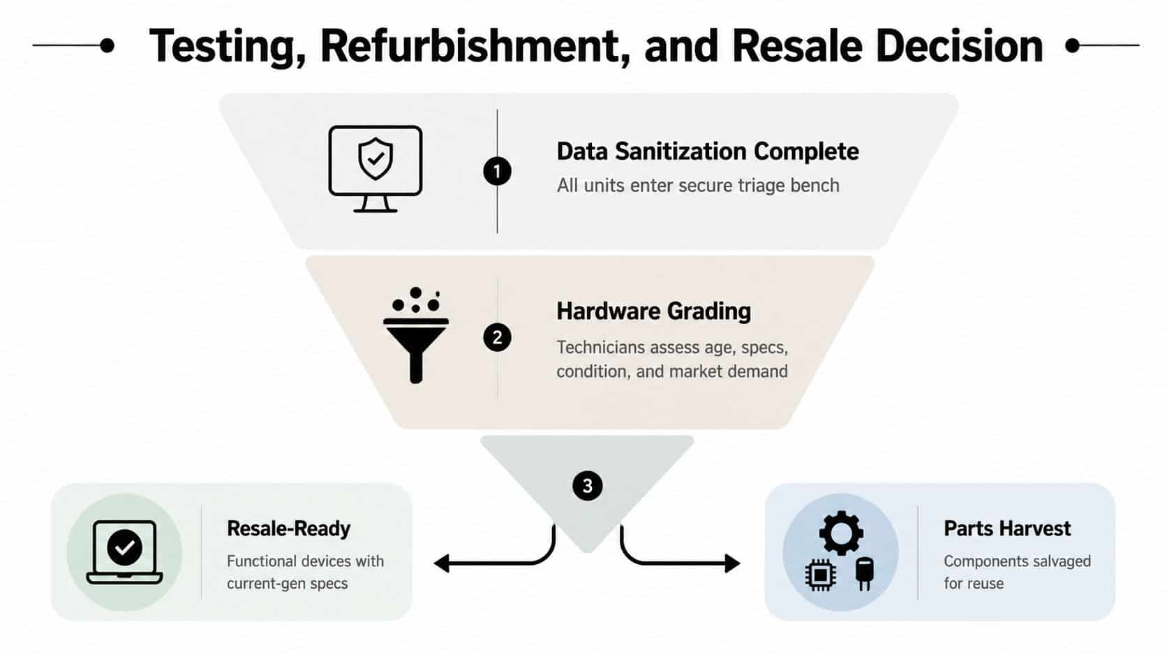 A flowchart showing the process of testing, refurbishing, and deciding whether to resell or harvest recycled computers.