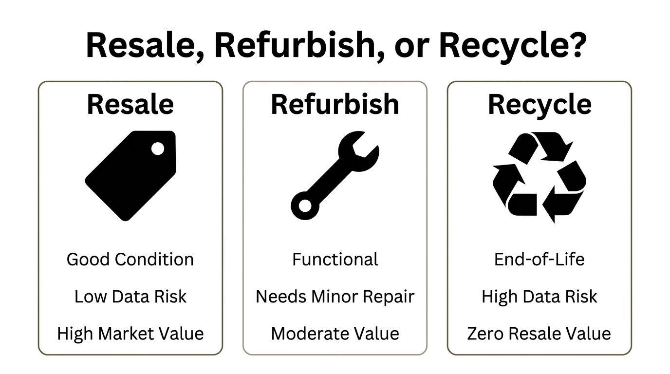 An infographic showing the decision process between choosing to resell, refurbish, or recycle outdated IT assets.