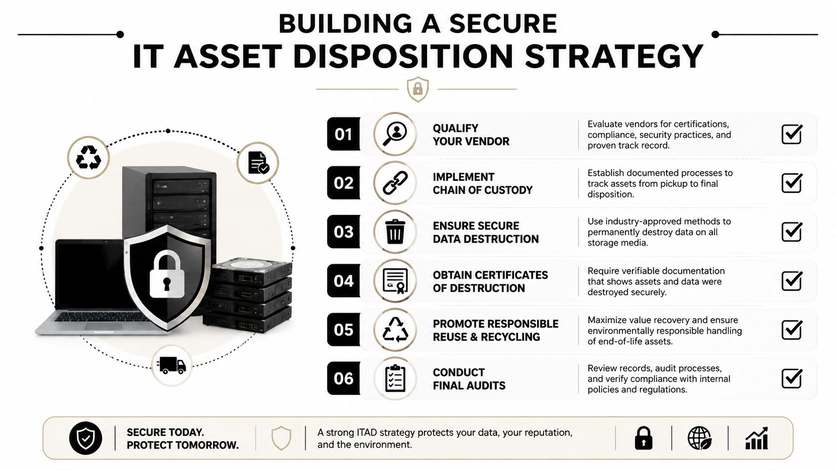 A professional infographic outlining six essential steps for building a secure IT asset disposition strategy for businesses.