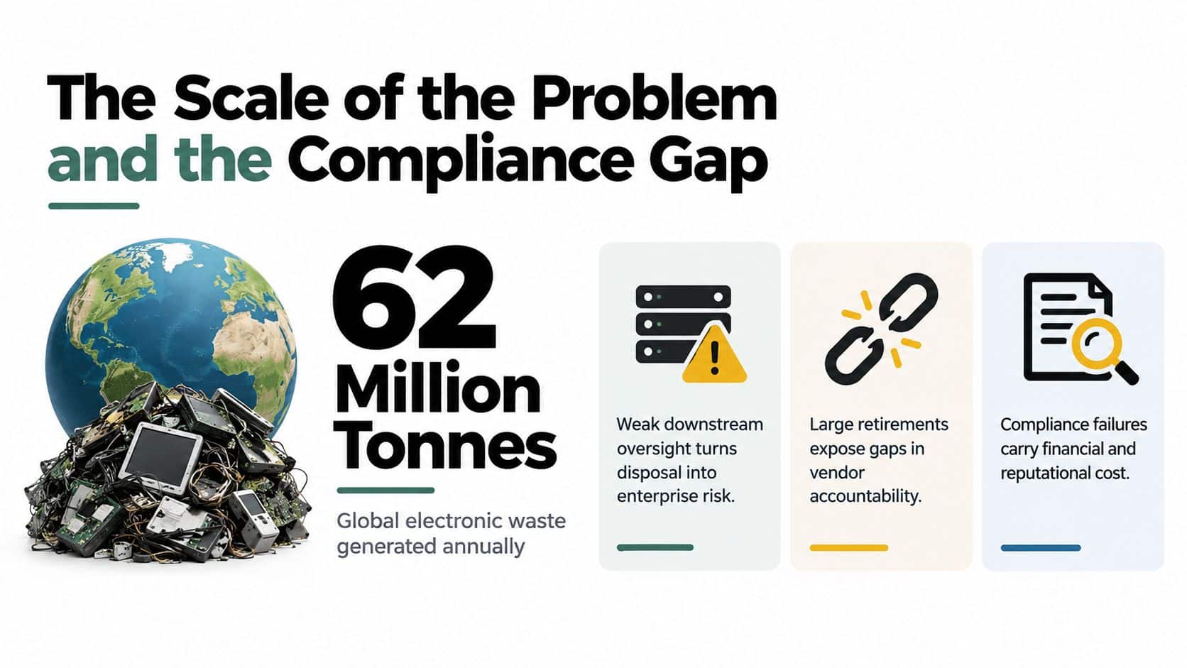 An infographic showing that 62 million tonnes of global electronic waste are generated annually, highlighting compliance and risks.