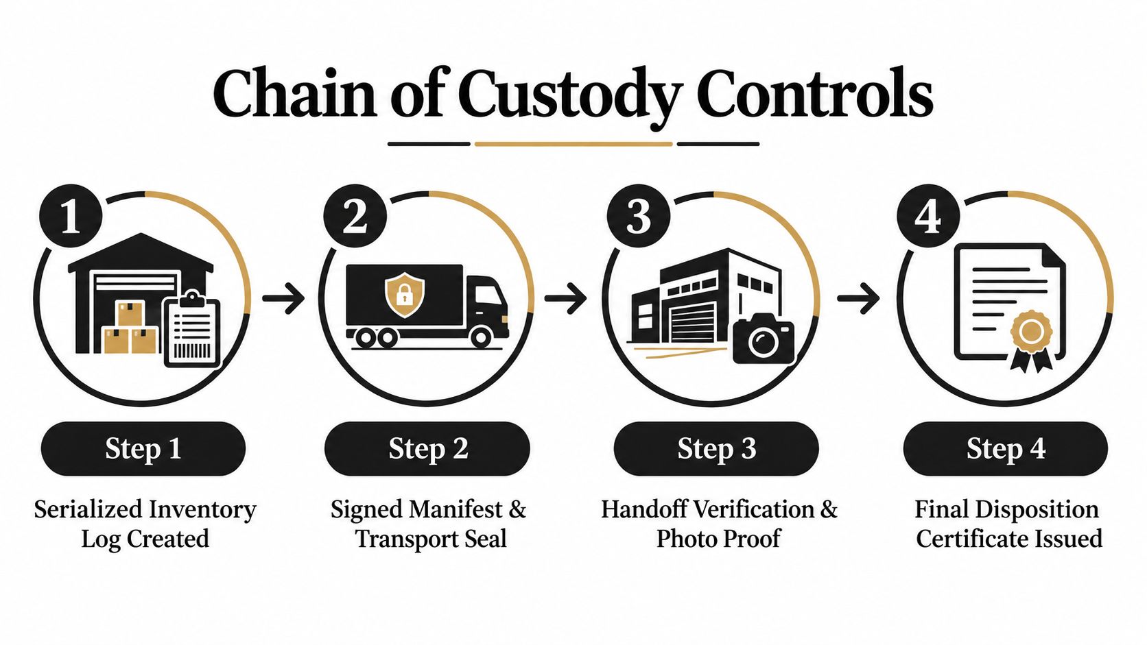 An infographic showing a four-step chain of custody process for securing and documenting hardware during retirement.