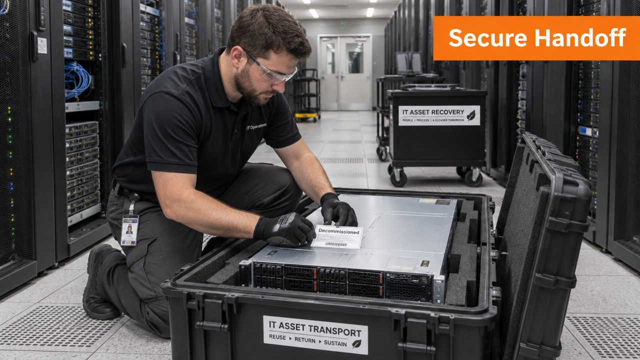 A technician wearing safety gear labels a decommissioned server for secure transport in a data center facility.